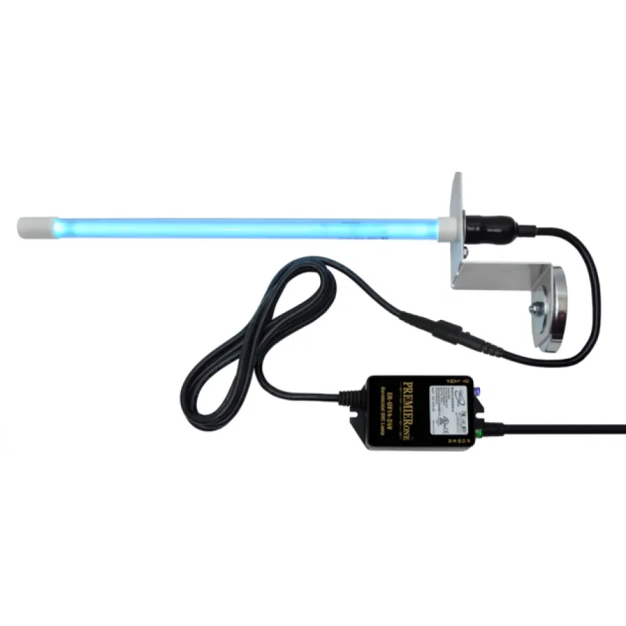 UV sterilizer lamp with blue glowing tube and connected black power adapter on white background