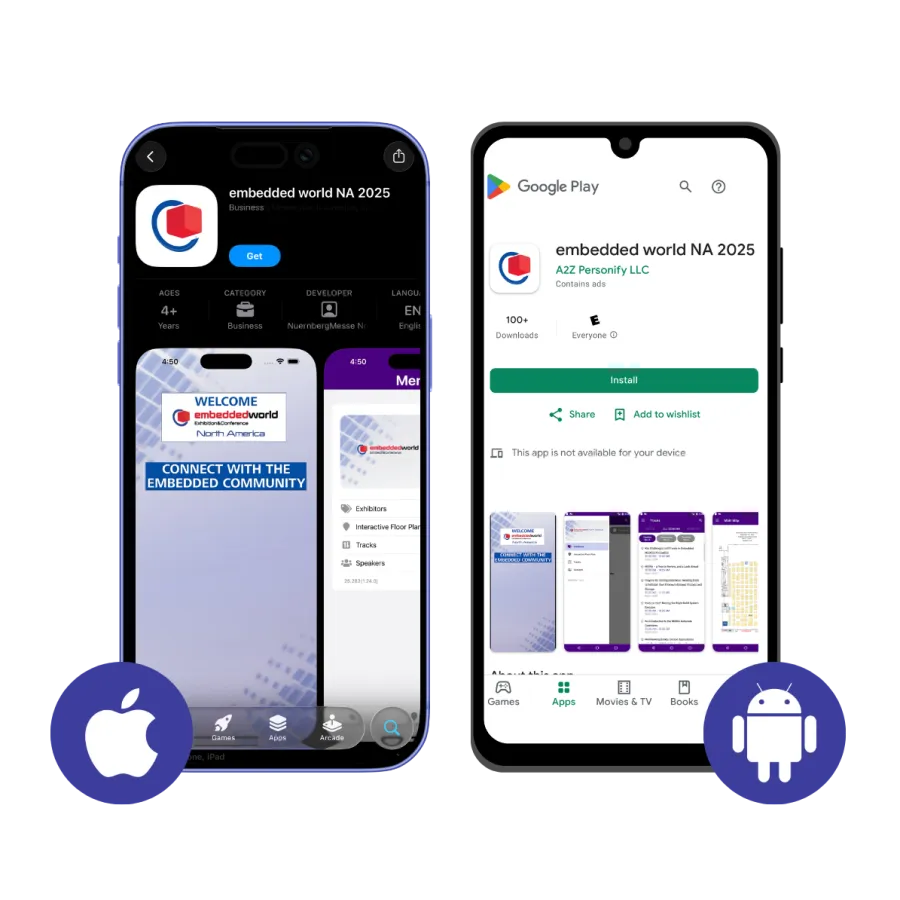 iPhone and Android phones displaying embedded world NA 2025 app on their respective app stores with platform logos.