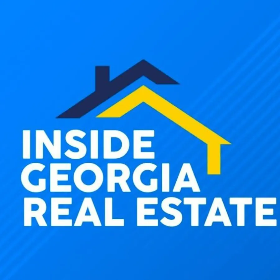 Logo for Inside Georgia Real Estate with house roof icons in blue and yellow on a bright blue background