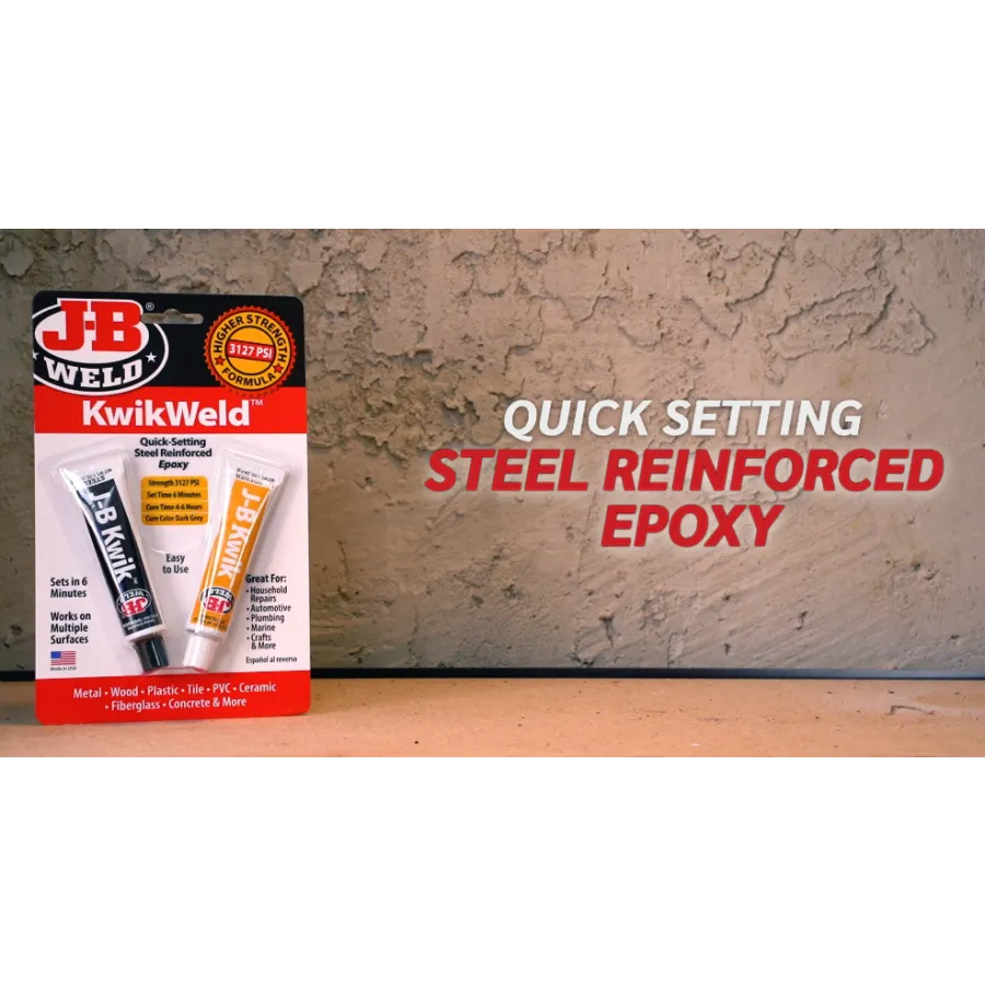JB Weld KwikWeld quick setting steel reinforced epoxy for diverse applications.