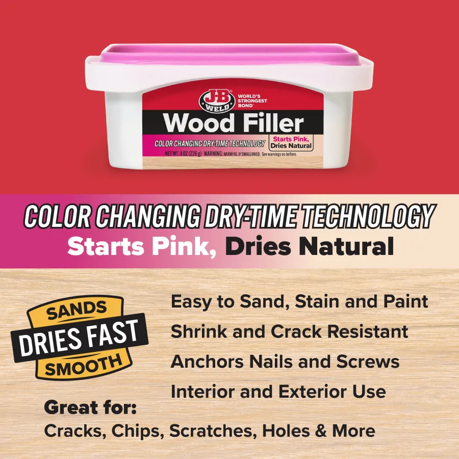JB Weld Wood Filler container with color changing dry-time technology, pink to natural, fast drying and smooth finish.