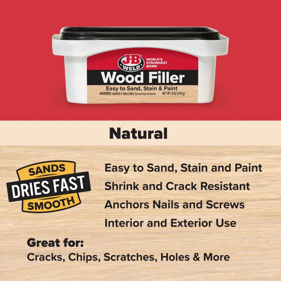 JB Weld Wood Filler container with key features including easy sanding, stain, paint, and fast drying on wood surface.