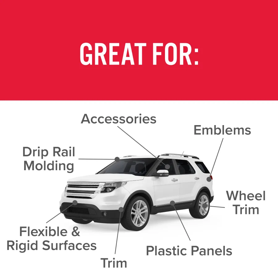 White SUV with labeled car parts showing applications for accessories, emblems, wheel trim, drip rail molding, and plastic panels.