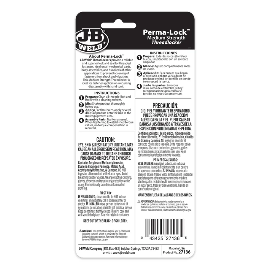 J-B Weld Perma-Lock medium strength threadlocker product packaging with usage instructions and safety warnings