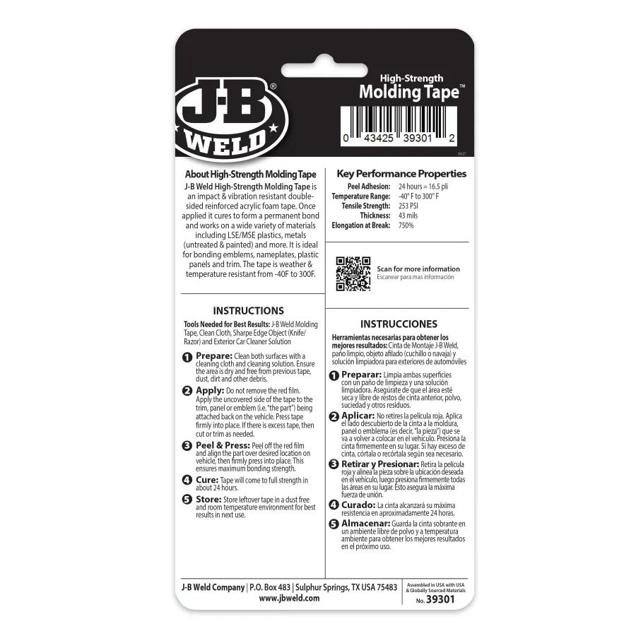 Back packaging of J-B Weld High-Strength Molding Tape with product info, instructions, barcode, and QR code.