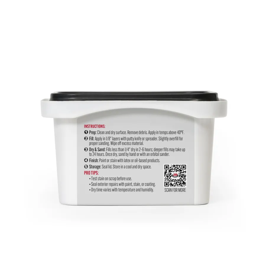 White plastic container with black lid showing detailed application instructions and QR code on the back label.