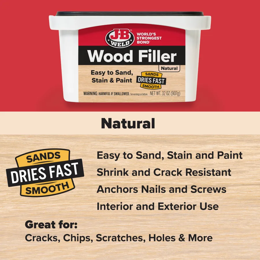 J-B Weld Wood Filler container with key features listed including dries fast, smooth, easy to sand, stain, and paint.