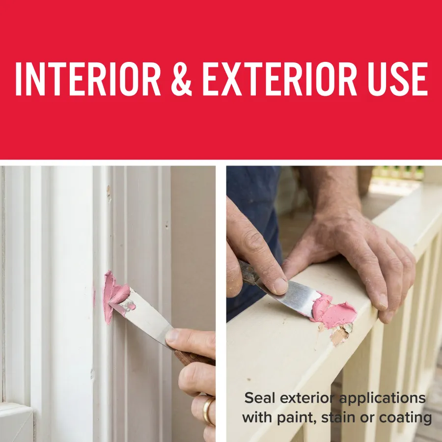 Hands applying pink filler to repair interior and exterior wooden surfaces with a putty knife.