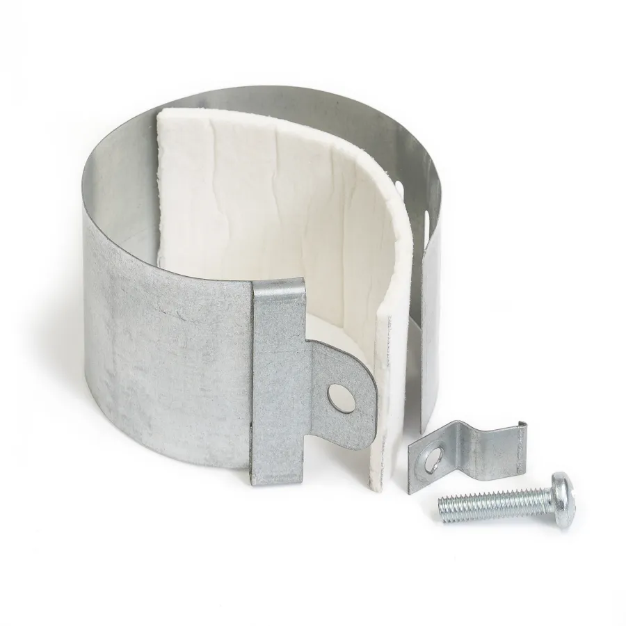 Metal pipe insulation clamp with white padding, mounting bracket, and screw on a white background.