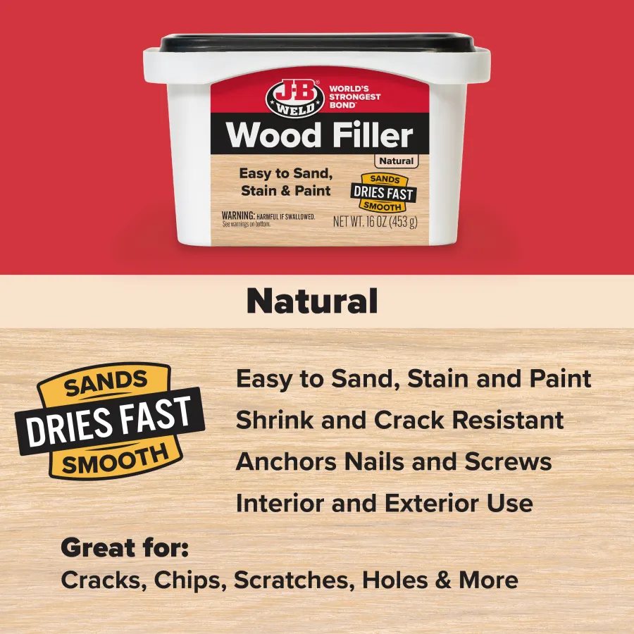 J-B Weld Wood Filler container highlighting features like easy sanding, fast drying, and crack resistance.