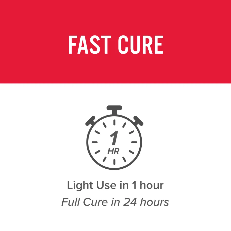 Fast cure image showing stopwatch with 1 hour for light use and full cure in 24 hours on white and red background.