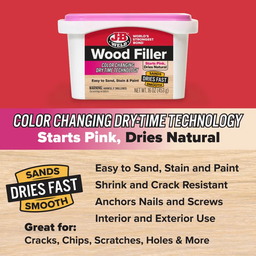 JB Weld Wood Filler container showcasing color changing dry-time technology and product benefits.