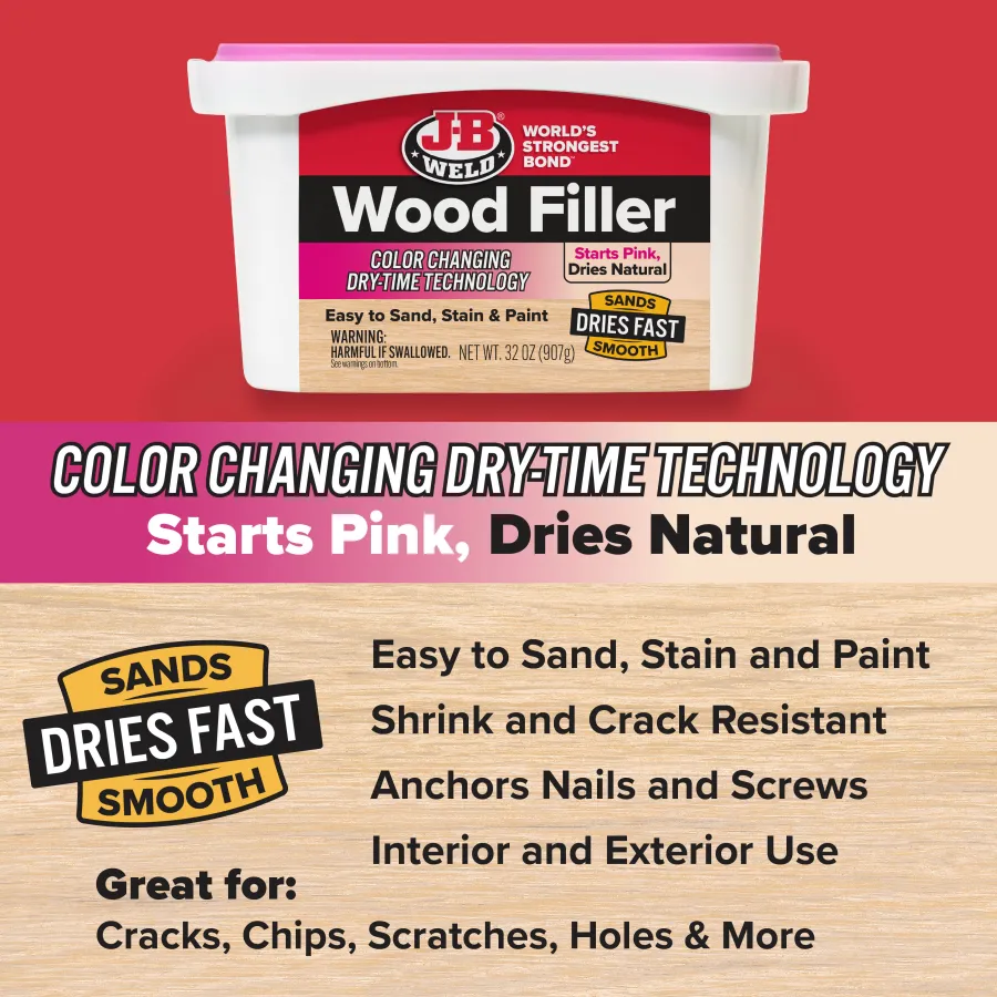 J-B Weld Wood Filler container with color changing dry-time technology, easy to sand, stain, paint, fast drying, smooth finish.