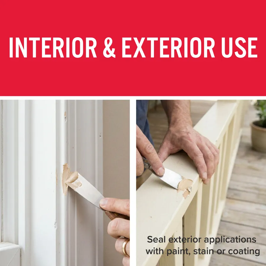 Person applying wood filler on interior door frame and exterior porch railing for repairs and finishing.