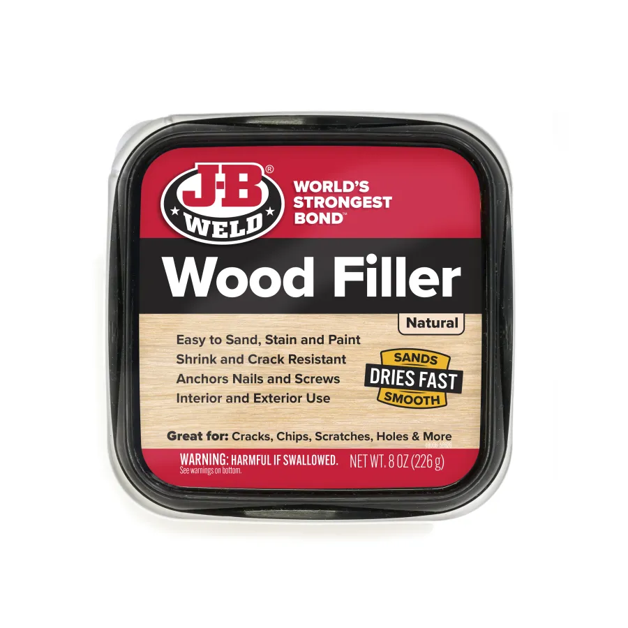 J-B Weld Wood Filler container labeled for easy sanding, staining, fast drying, and crack resistance.