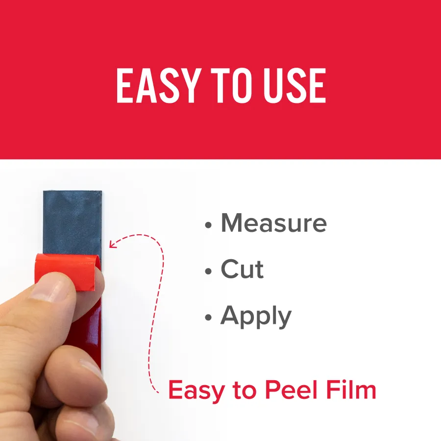 Hand peeling red film from a black strip demonstrating easy to use measure, cut, and apply steps.