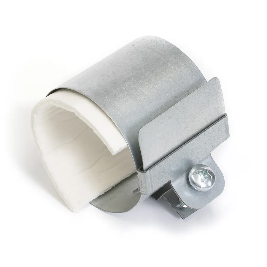 Metal heating element clamp with insulation lining and adjustable screw on white background