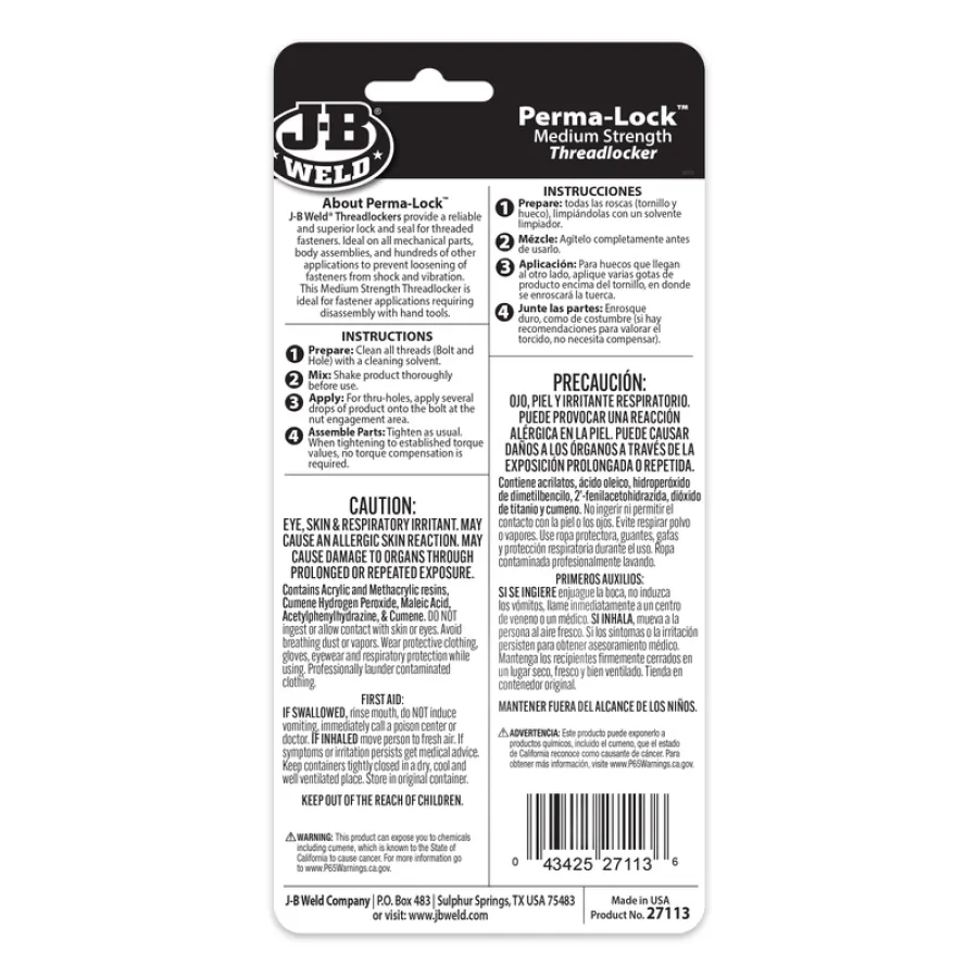 J-B Weld Perma-Lock Medium Strength Threadlocker instructions and caution information on product packaging.