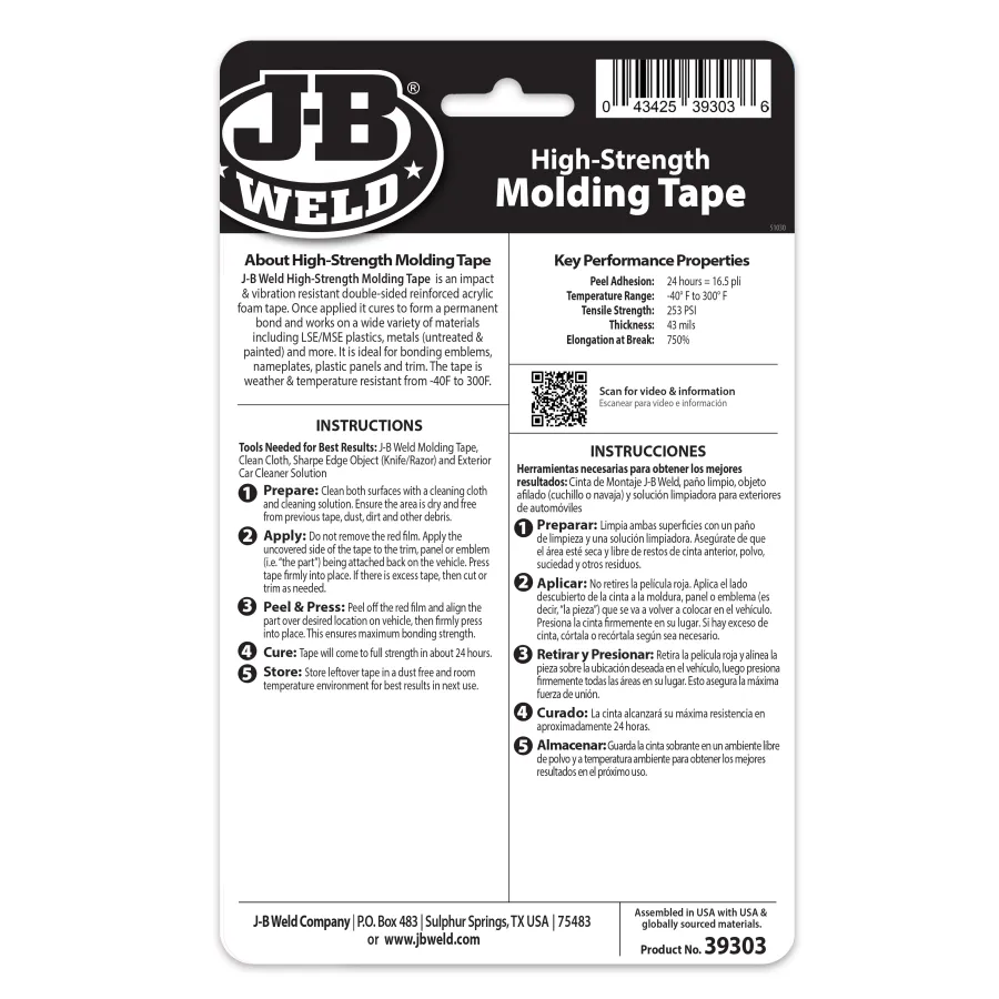 Back packaging of J-B Weld High-Strength Molding Tape detailing usage instructions and product specs.