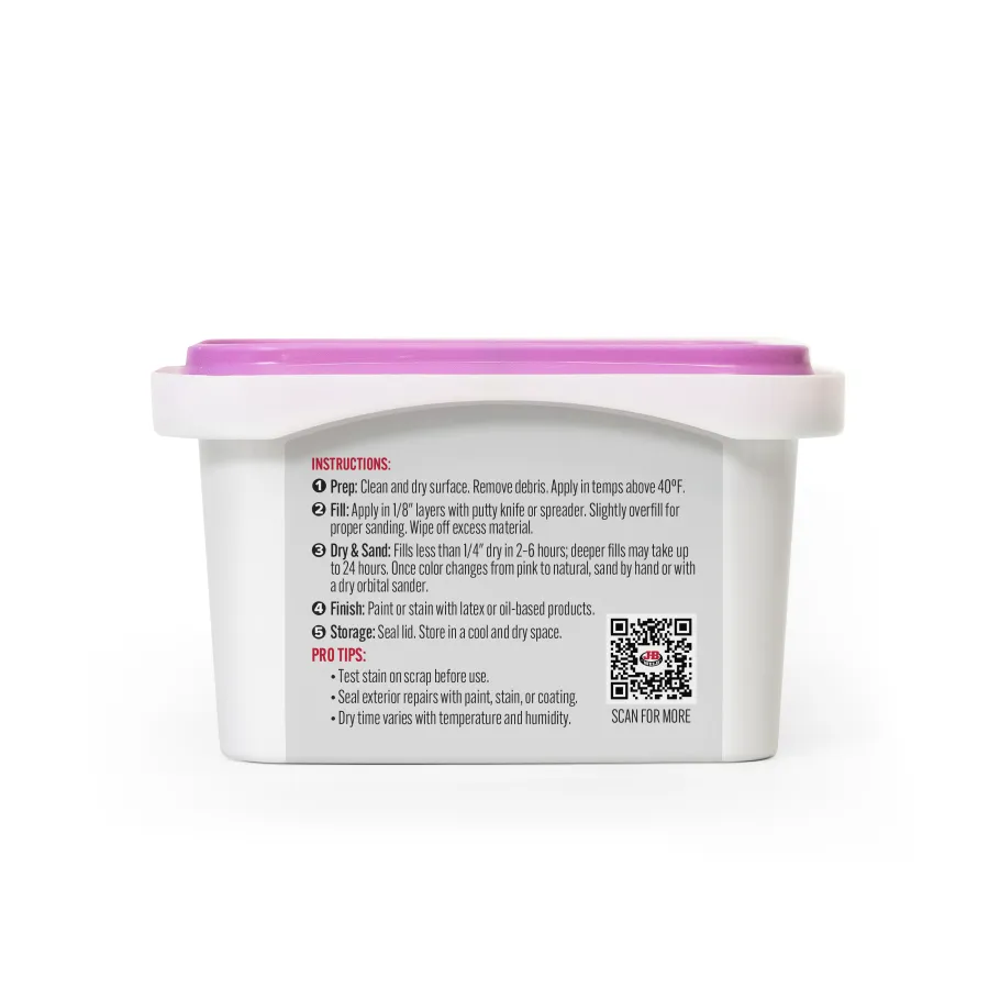 White container with purple lid showing detailed repair compound instructions and a QR code on the back label.