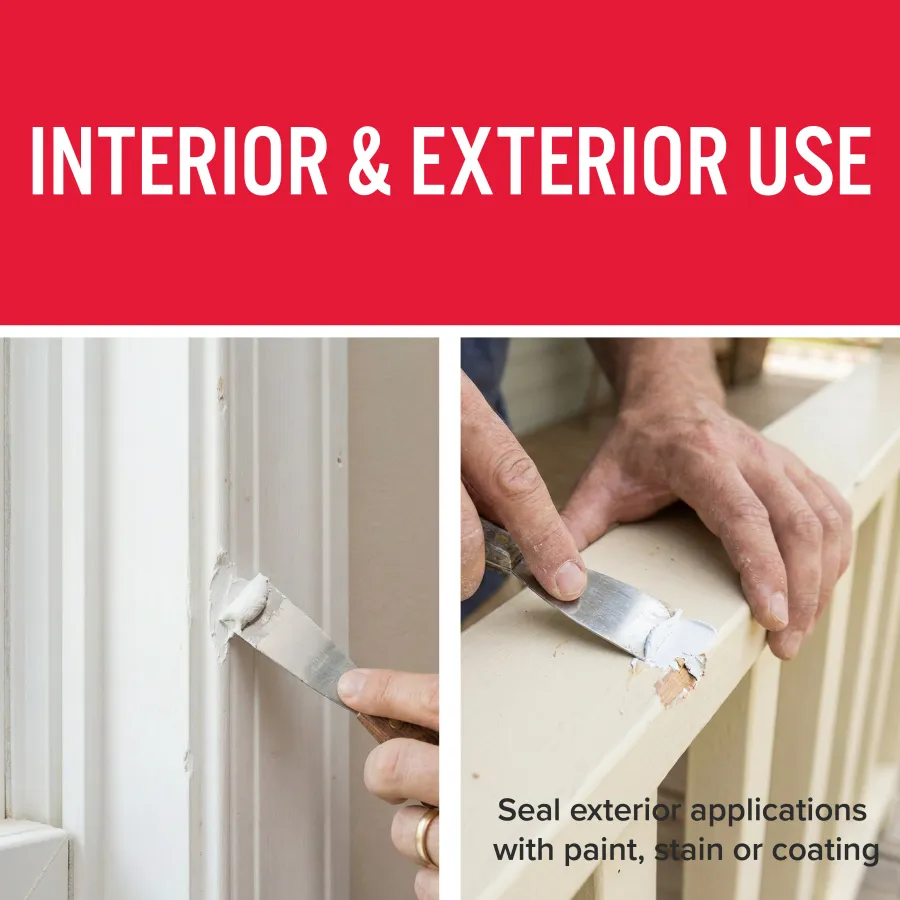 Hands applying filler to repair wood surface cracks for interior and exterior use before painting or staining.