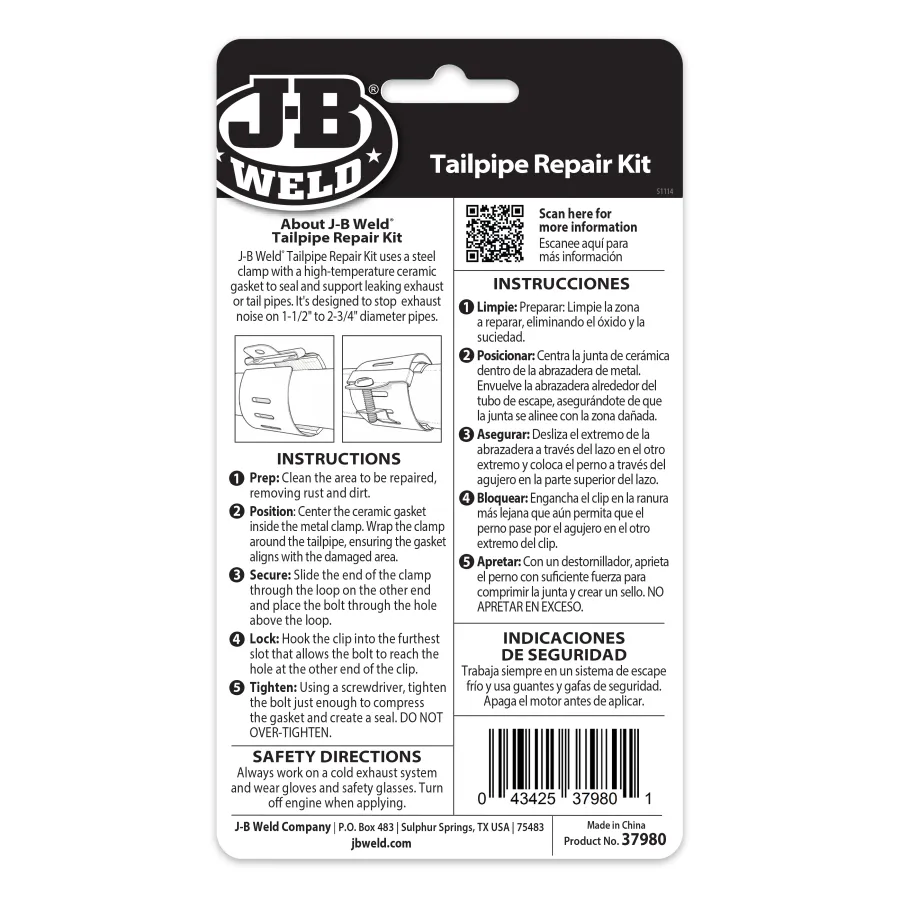 J-B Weld Tailpipe Repair Kit packaging with bilingual repair instructions and safety warnings for exhaust pipe patching.