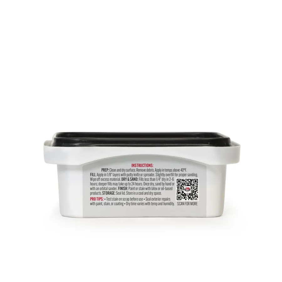 White rectangular container with black lid showing instructions and QR code on label for application and storage.