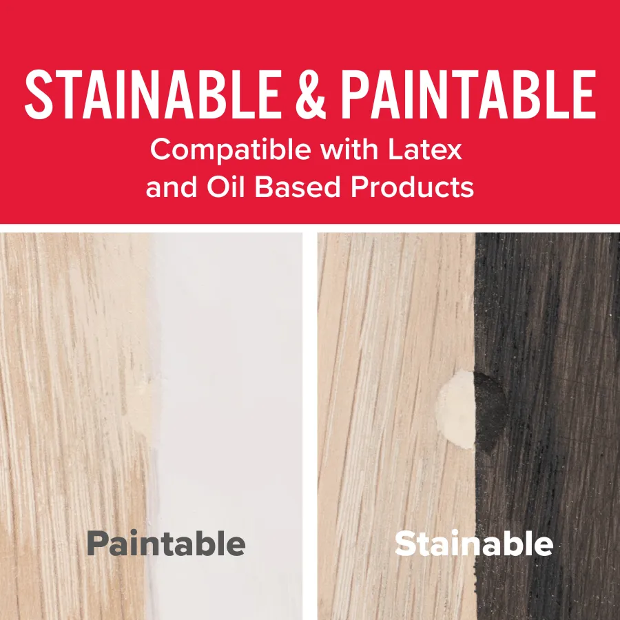 Wood panel showing paintable and stainable sections with text highlighting latex and oil-based compatibility.