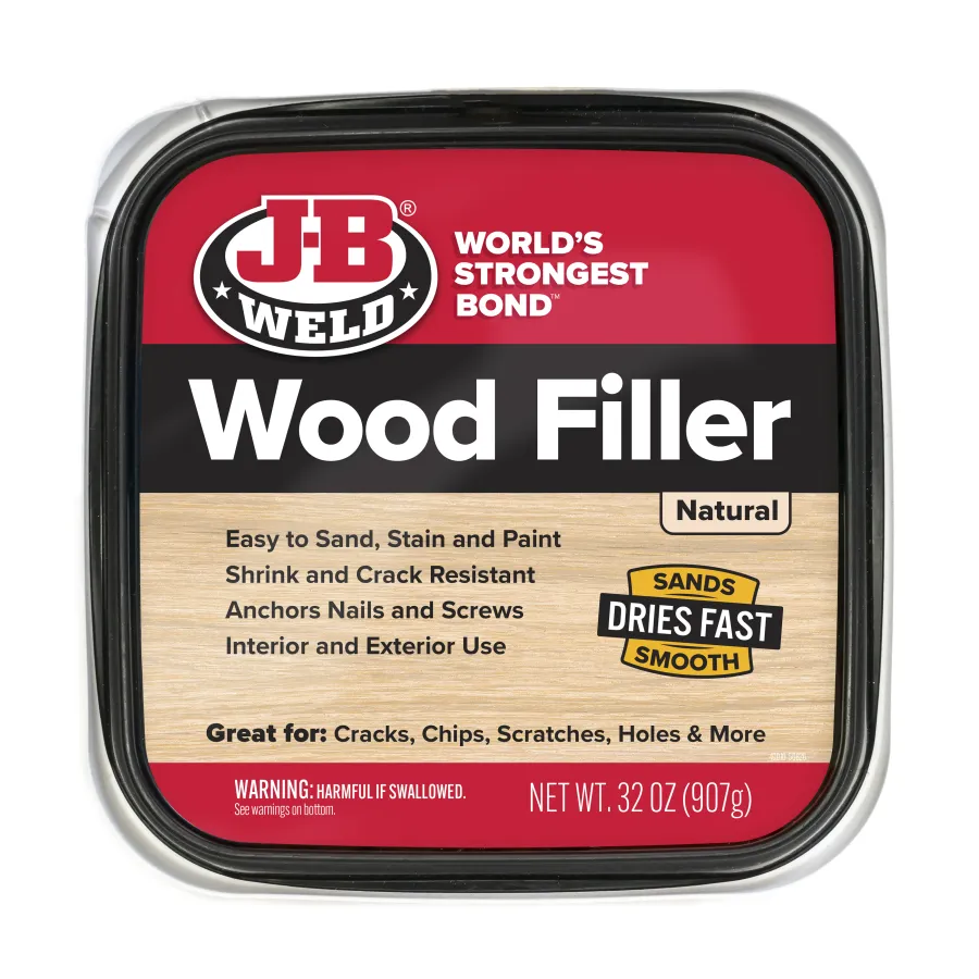 JB Weld Wood Filler natural color for cracks, chips, and scratches, quick drying and easy sanding, 32 oz container.