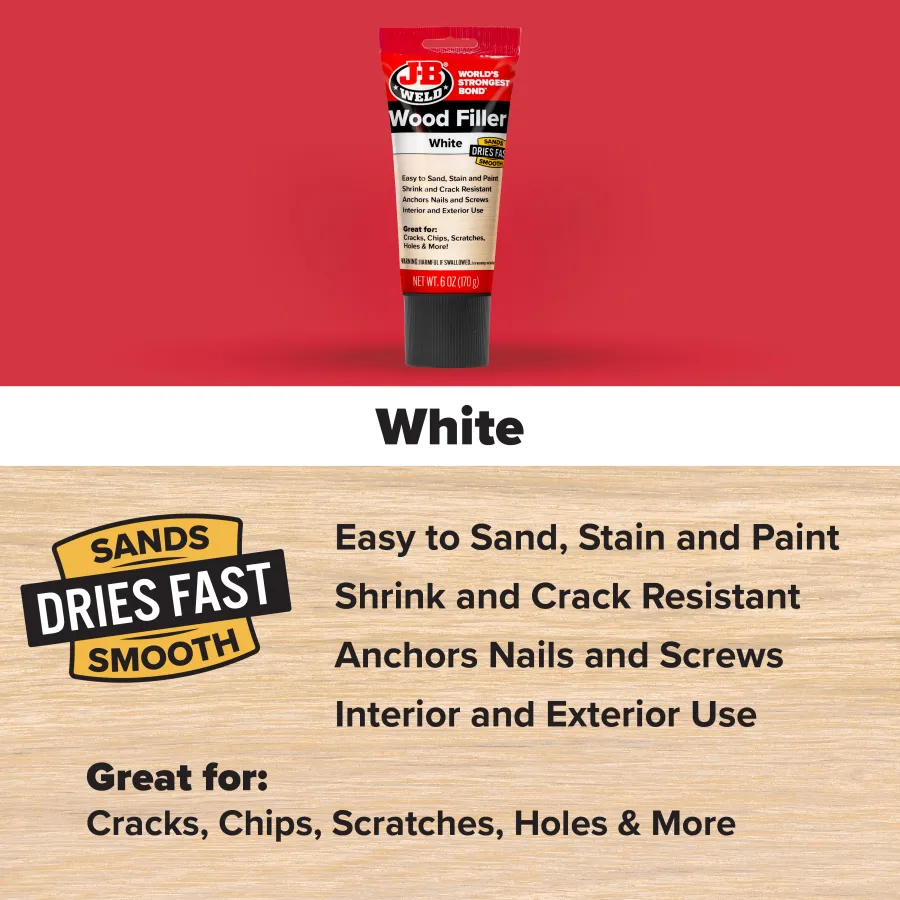 JB Weld White Wood Filler tube on red background with product features text on wood texture below.