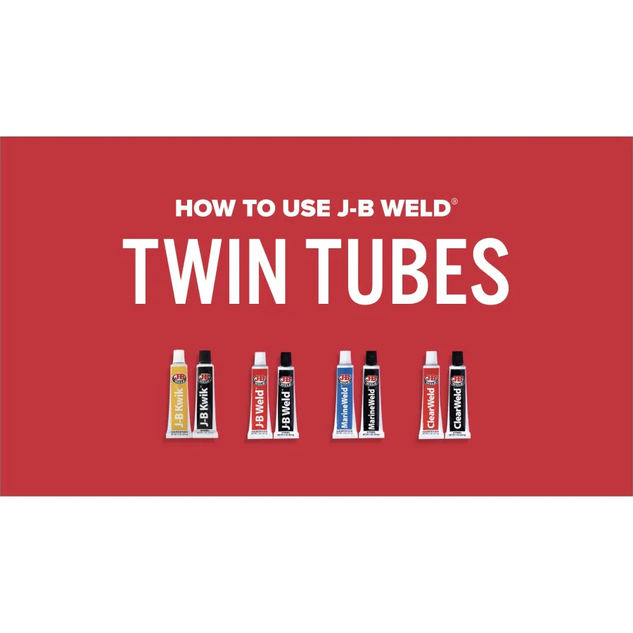 J-B Weld twin tubes displayed on a red background, showcasing product types and usage instructions.