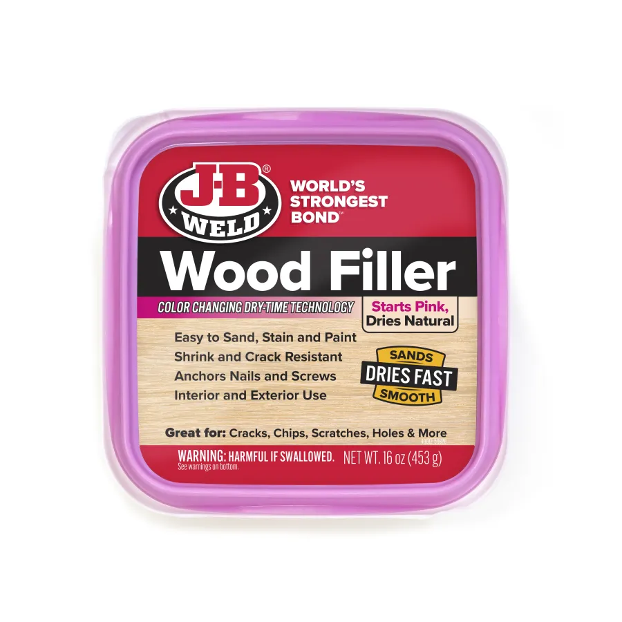 JB Weld Wood Filler container with color-changing dry-time technology, easy sanding, shrinking resistant, interior and exterior use.