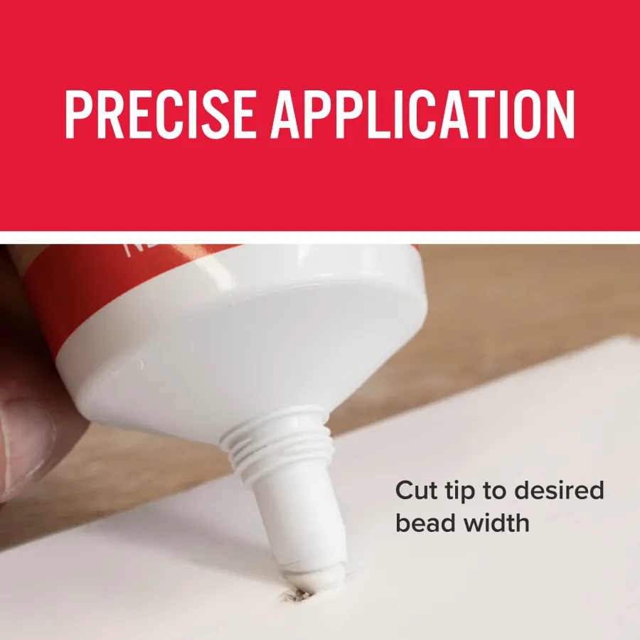 Close-up of a white tube applying precise bead of adhesive on surface with text about cutting tip size.