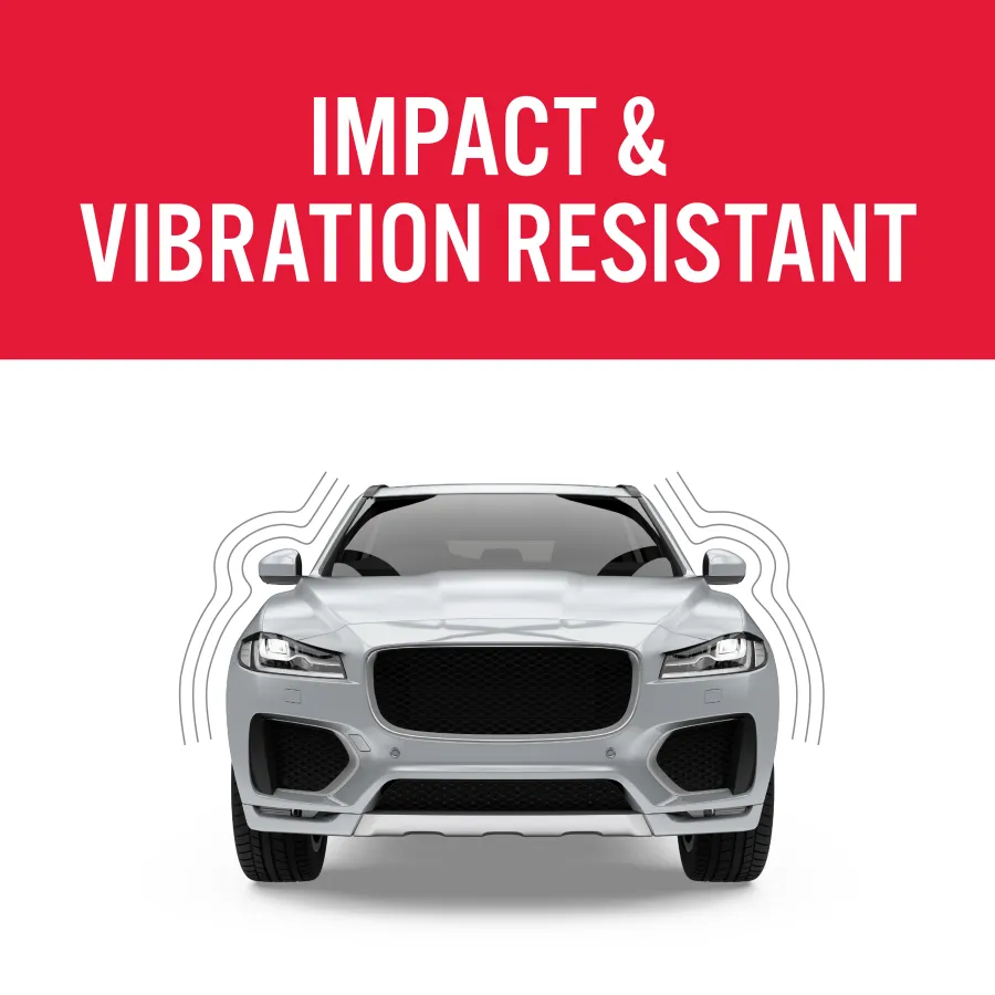 Front view of a silver car with impact and vibration resistant features highlighted by wavy lines.