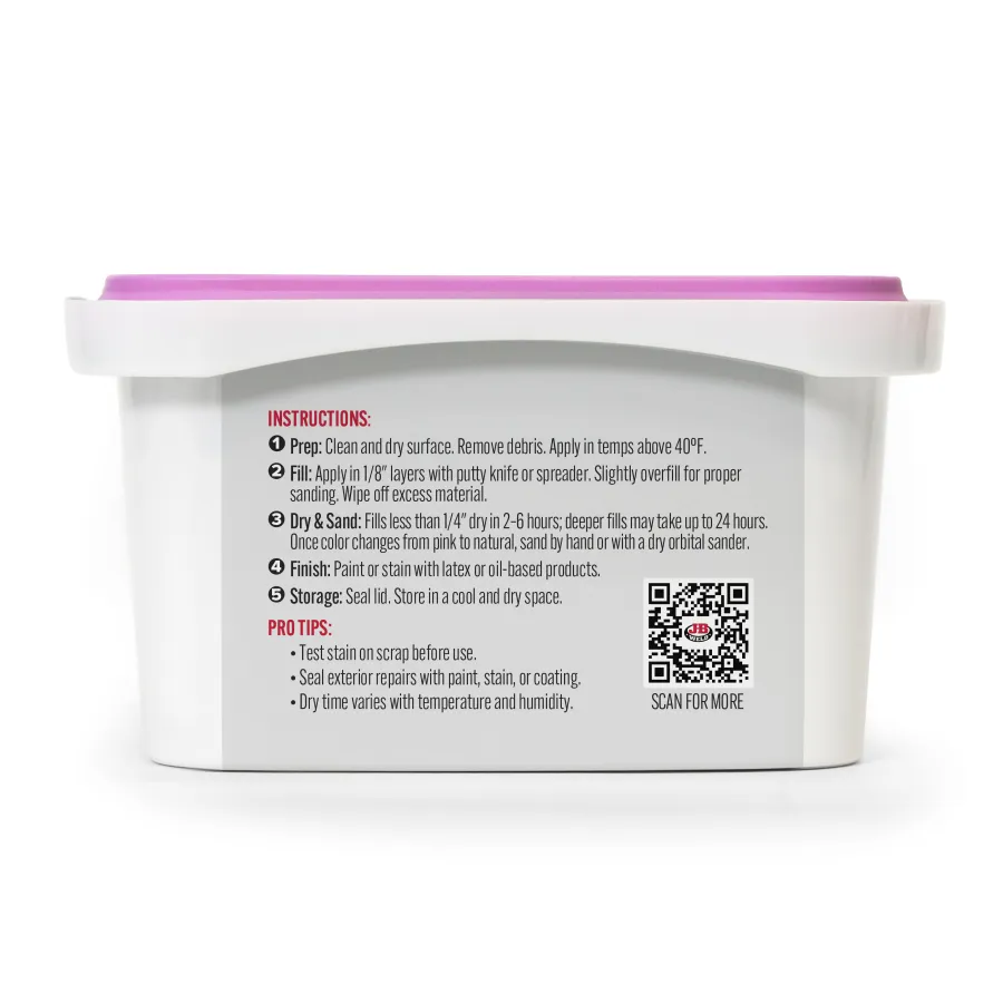 White container with purple lid showing detailed repair compound instructions and a QR code on the back label.