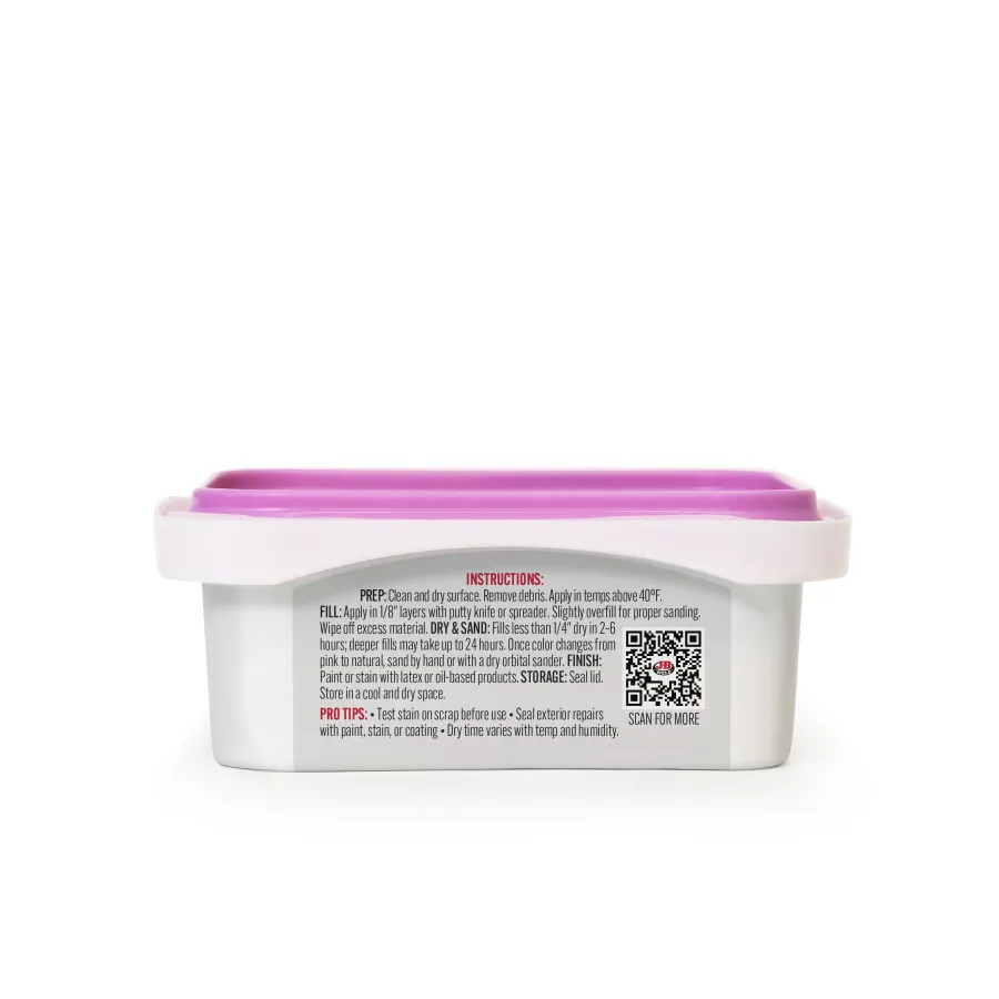 White container with purple lid showing detailed usage instructions and QR code on the back label.