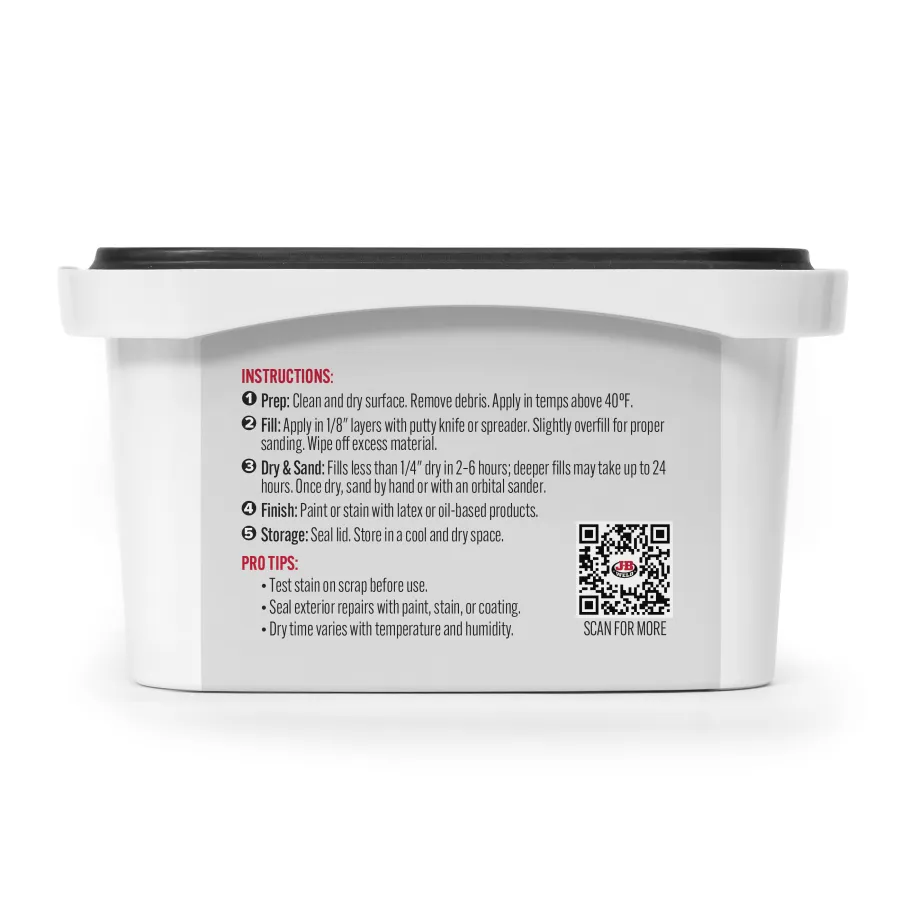 White container with detailed instructions for applying filler, drying, sanding, finishing, and storage including QR code.