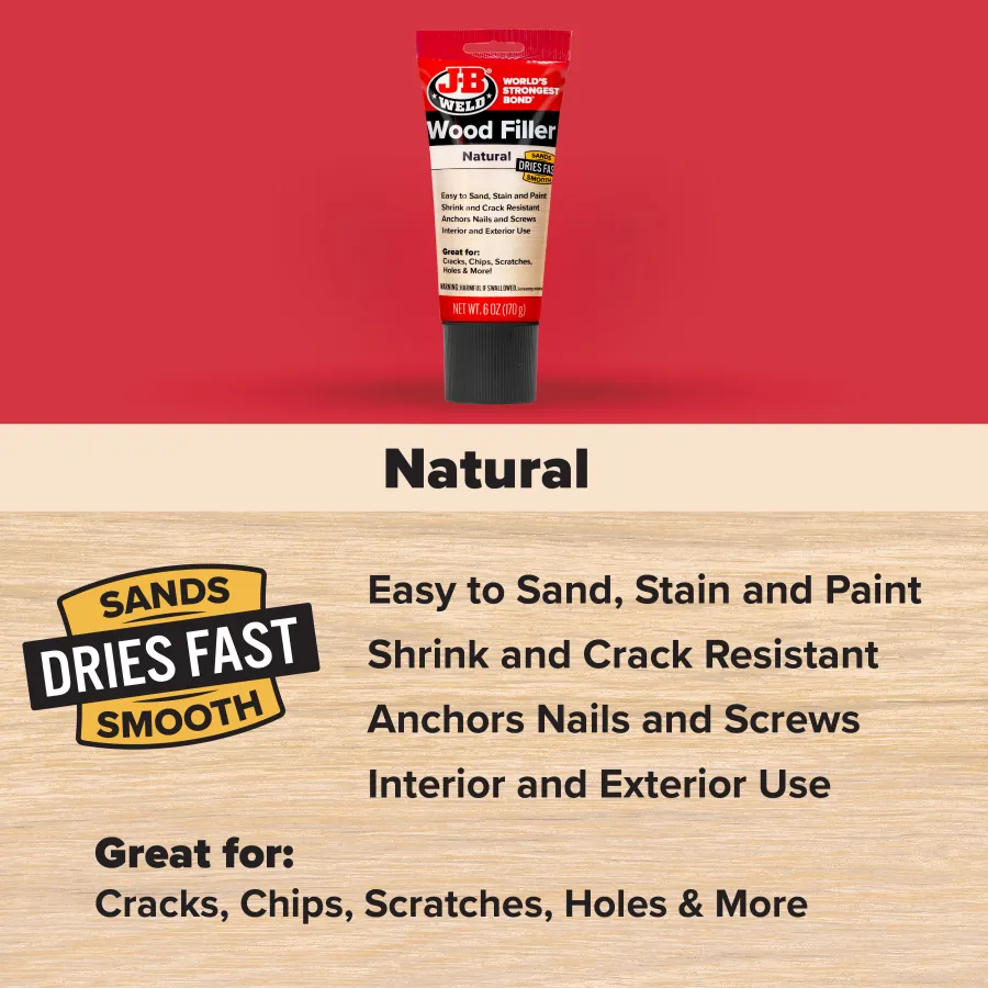 Tube of JB Weld Wood Filler on red background with product features and usage details on wooden texture.