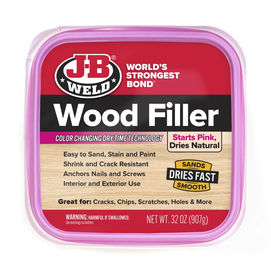 JB Weld Wood Filler container with color-changing dry-time technology, easy sanding, shrinking resistant, interior and exterior use.