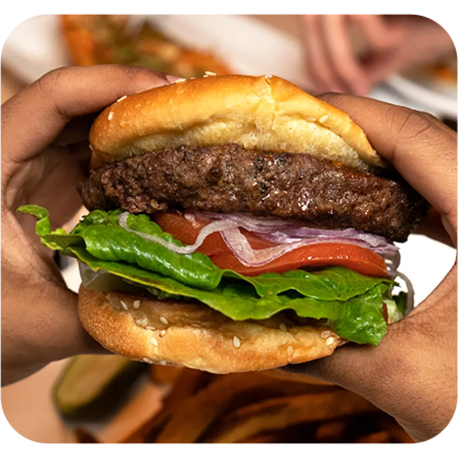 a person holding a burger