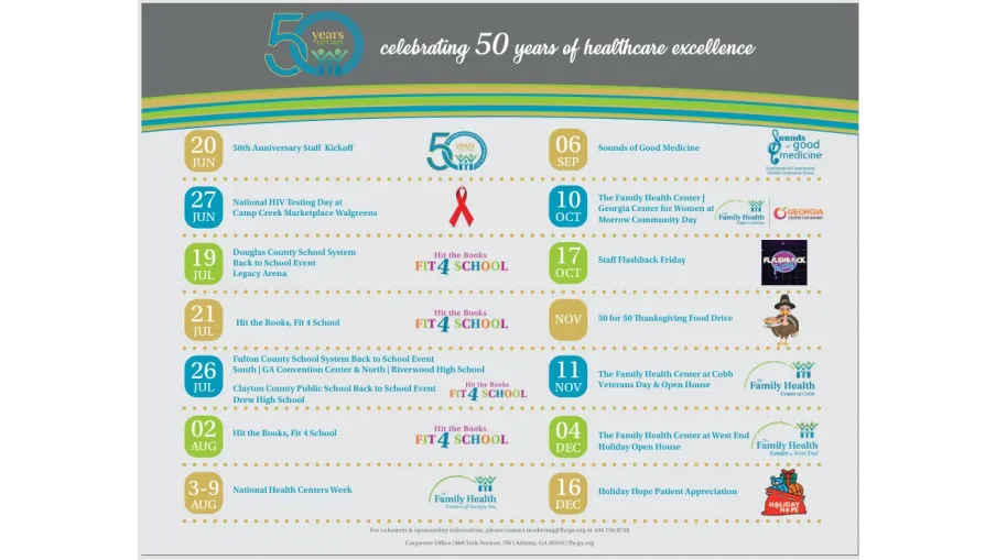 Timeline graphic celebrating 50 years of healthcare with events from June to December 2023 and various health initiatives.
