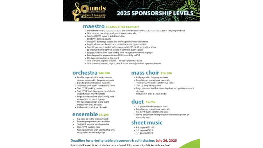 2025 sponsorship levels and benefits for Sounds of Good Medicine fundraising and community health event.