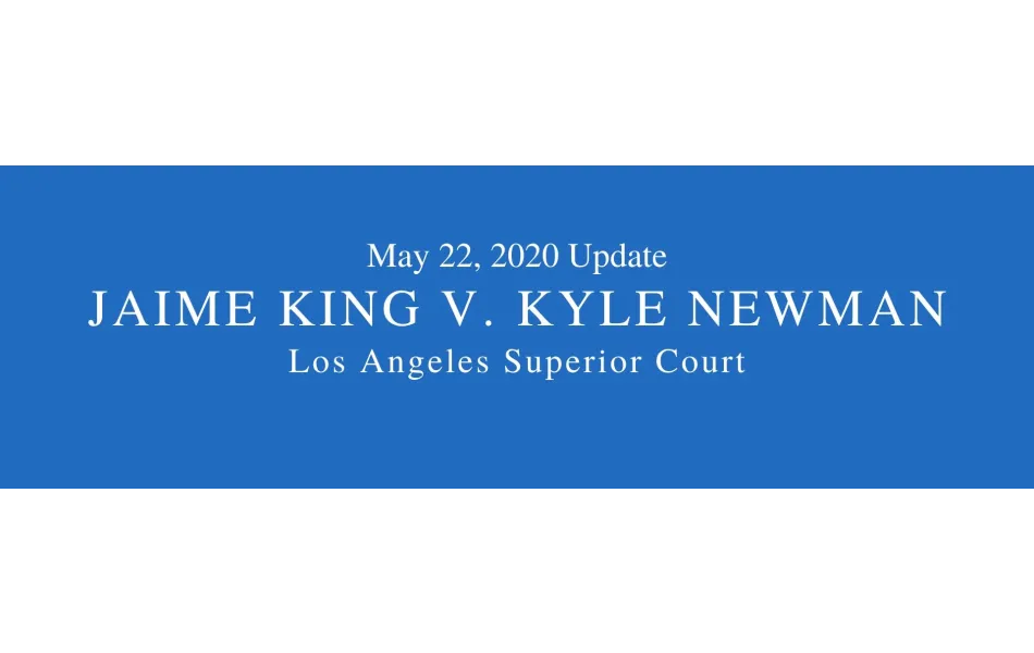Blue background. Words May 22, 2020 Jaime King v. Kyle Newman divorce, Los Angeles Superior Court