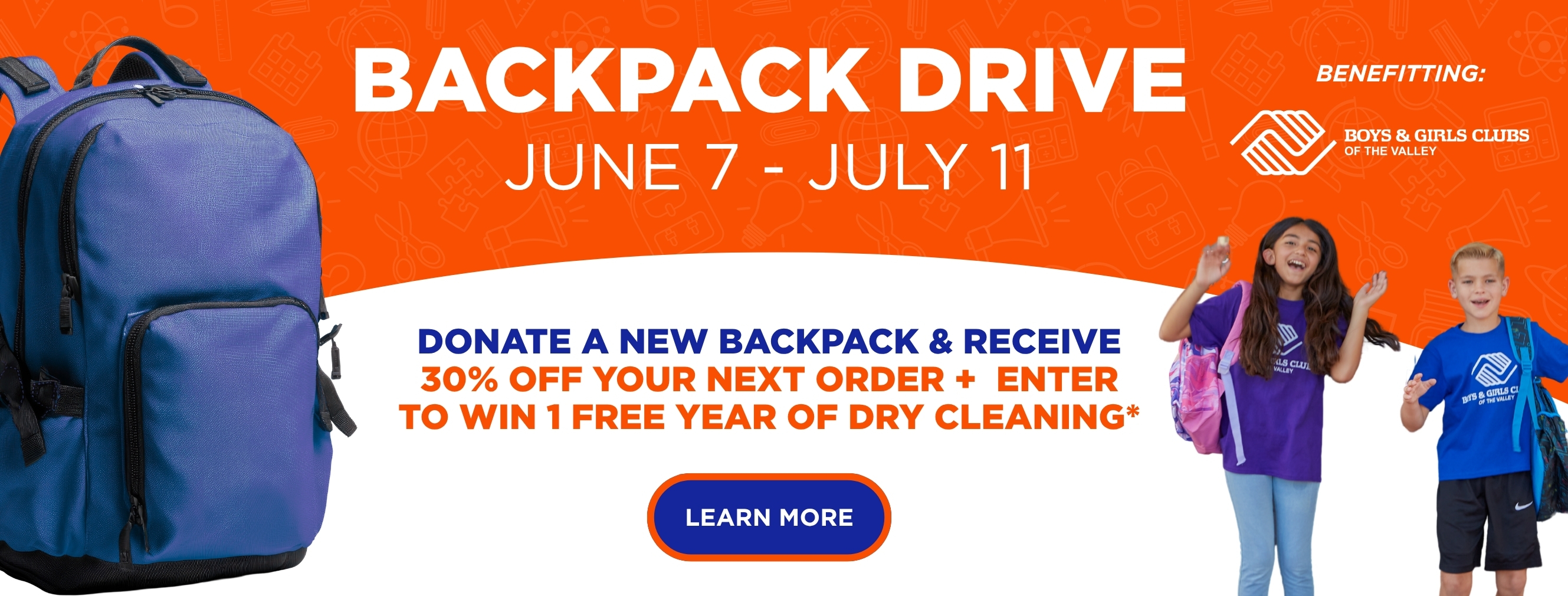 Backpack Drive June 7-July 11 fundraiser with kids holding backpacks and a blue backpack image for donation event.