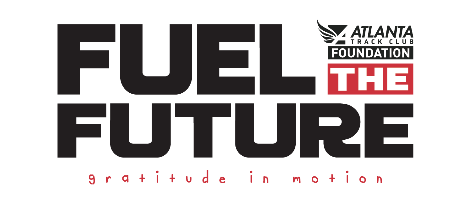 Fuel the Future Foundation logo by Atlanta Track Club with tagline gratitude in motion in black and red.