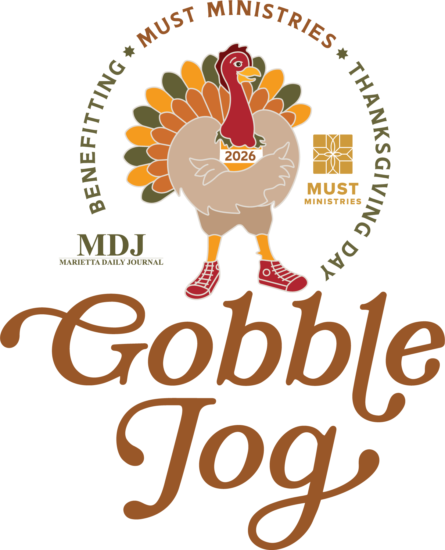 Turkey wearing red sneakers with overlaid text Gobble Jog, benefitting Must Ministries Thanksgiving Day 2026.