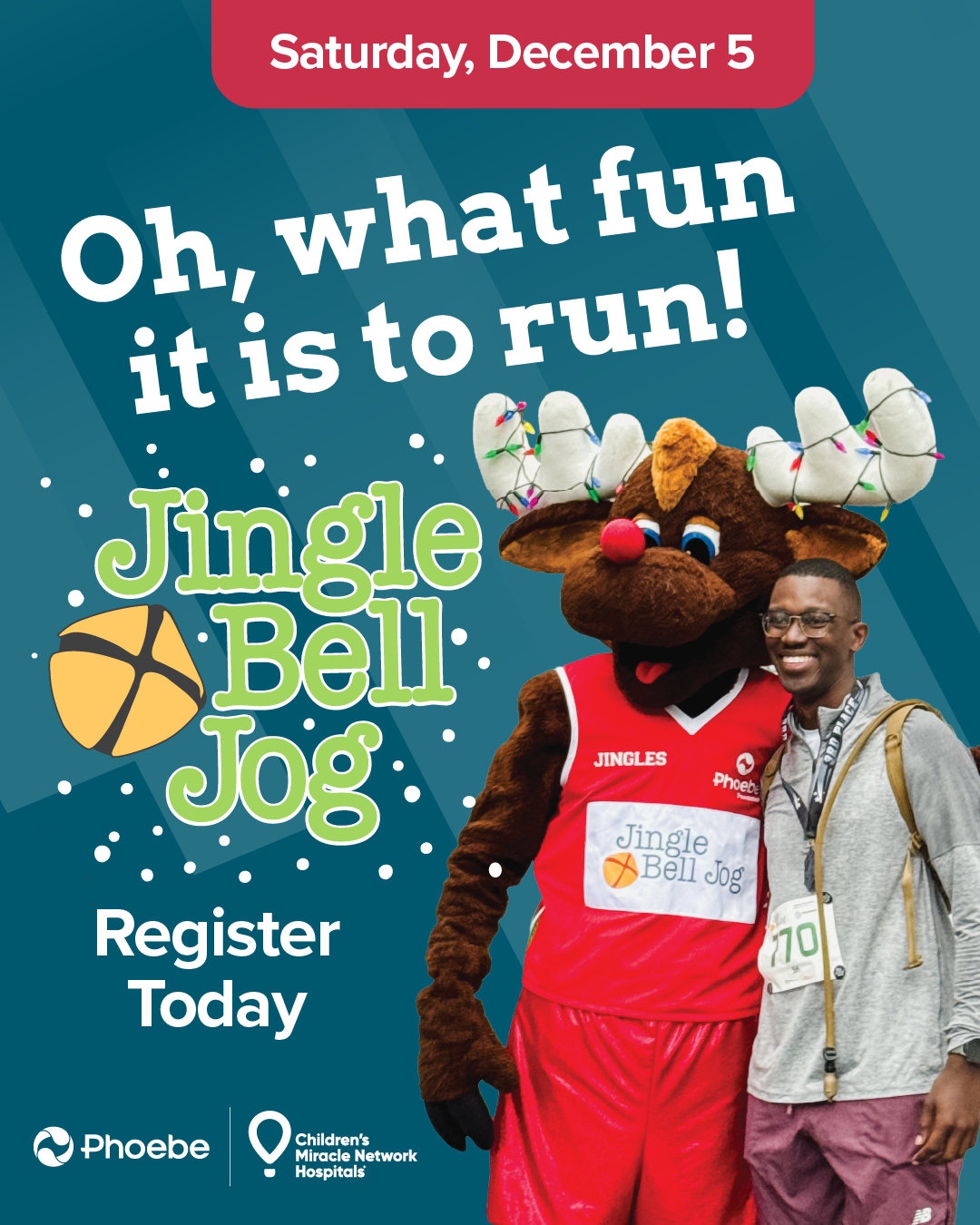 Runner posing with mascot in a Jingle Bell Jog red costume with overlaid text promoting a December 5 fun run event.