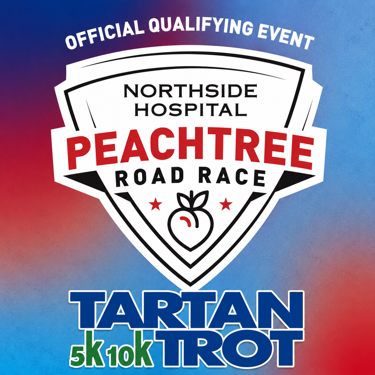 Peachtree Road Race and Tartan Trot 5k and 10k official qualifying event logo on blue and red background