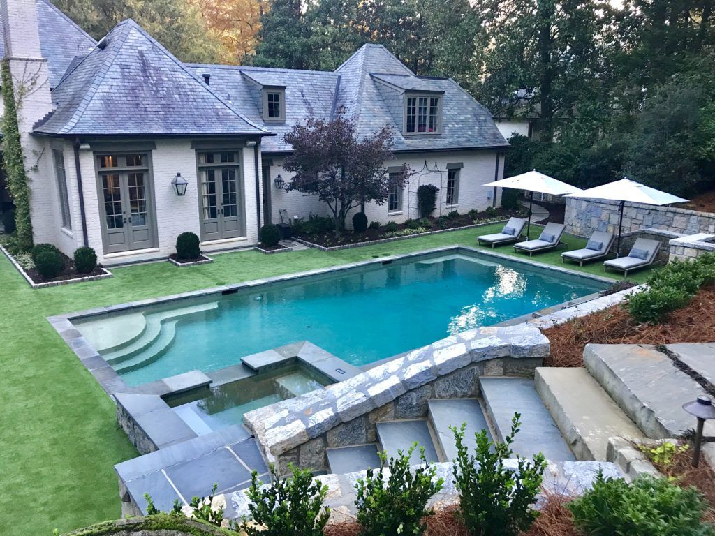 a pool behind a house