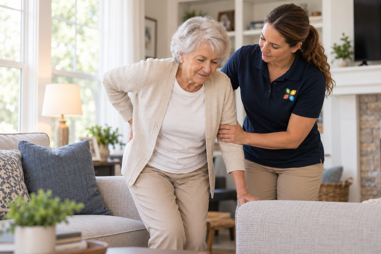 Elderly woman with back pain receiving support from caregiver in a comfortable home living room.